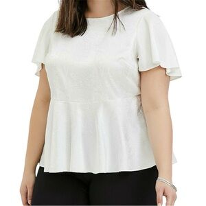 Torrid White Satin Jacquard Snake Print Flutter Sleeve Babydoll Blouse Size 10